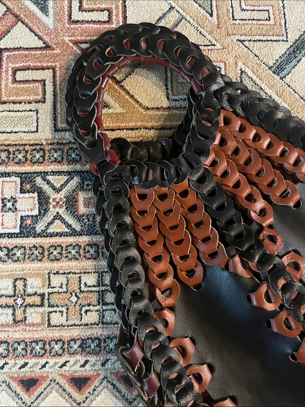 Woven Two-Tone Black & Brown Leather Tote - Picture 3 of 9